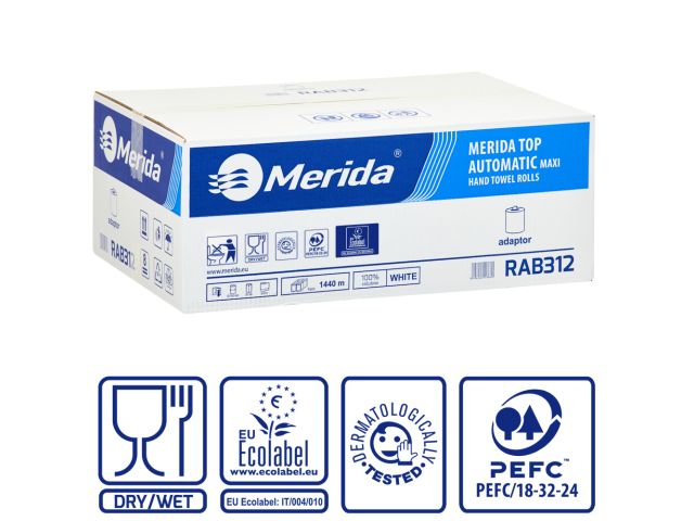 Ręczniki papierowe w roli z adaptorem MERIDA TOP AUTOMATIC MAXI, białe, średnica 19,5 cm, długość 240 m, dwuwarstwowe, karton 6 rolek